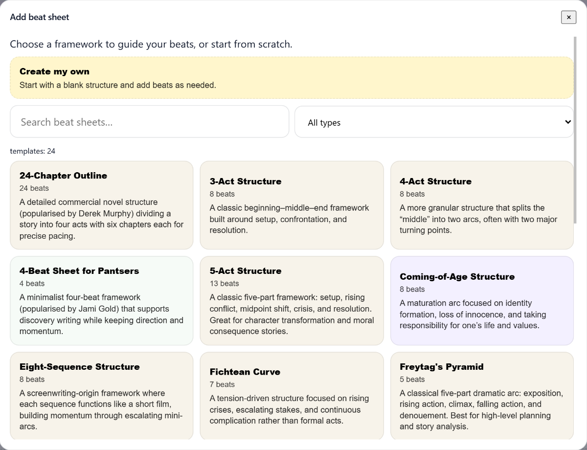 Beat sheets selection panel
