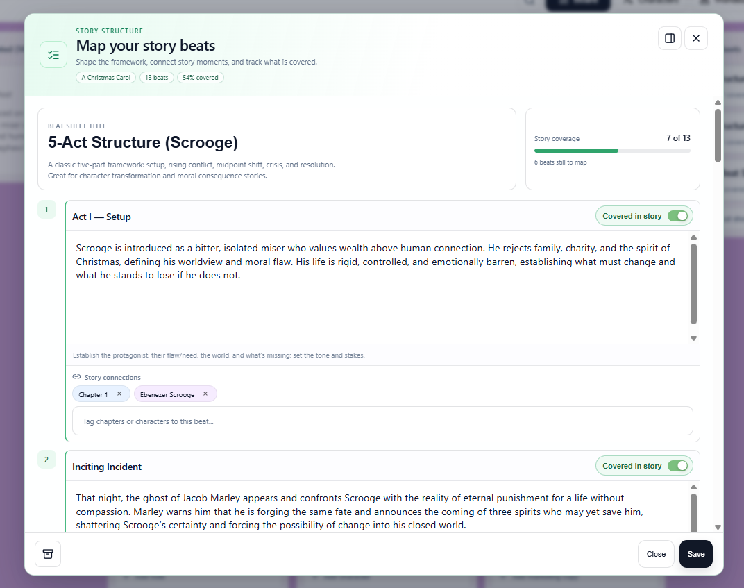 Novel beat sheet and story structure organized alongside chapters and scenes in Scryla.