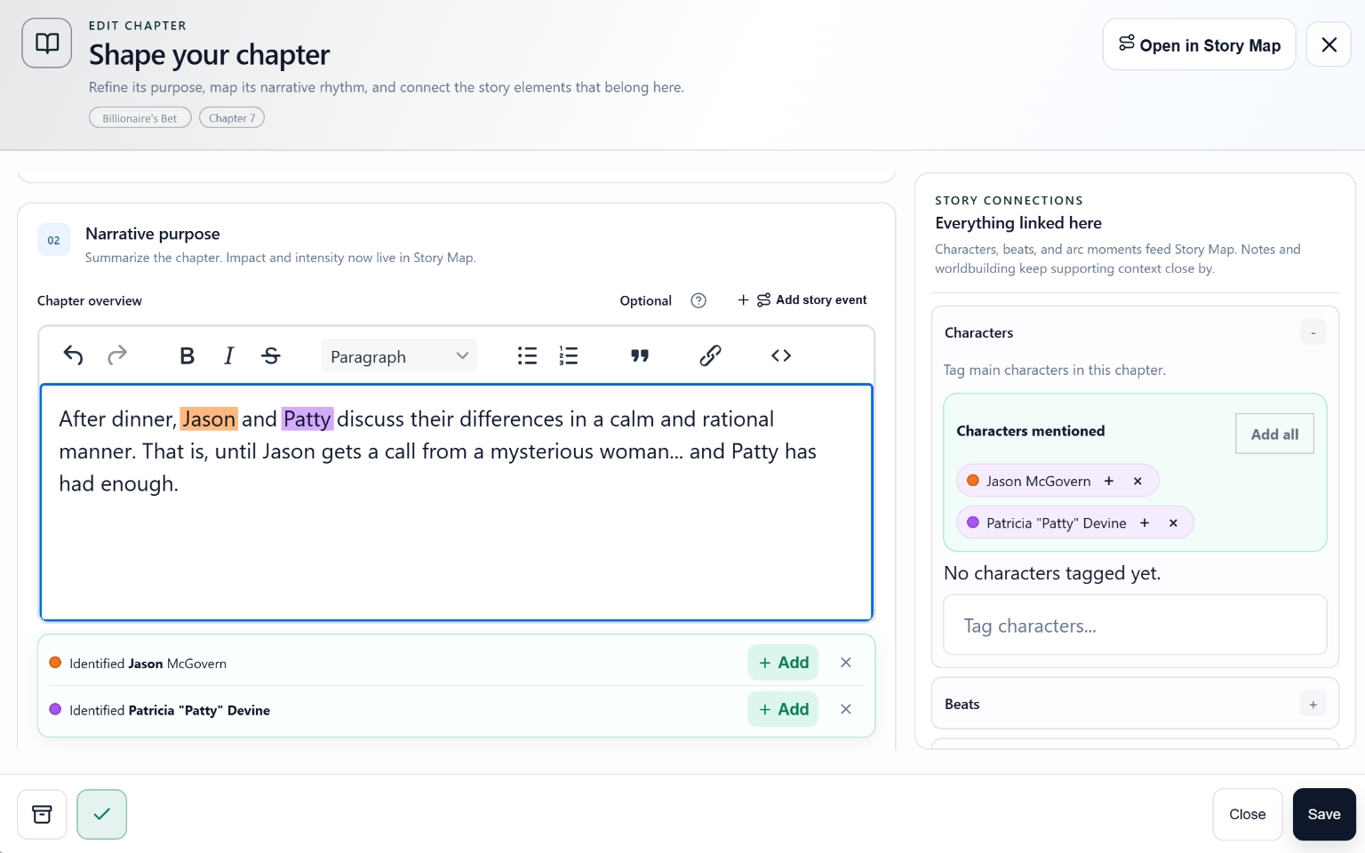 Scryla identifying three matching characters while an author types a chapter overview