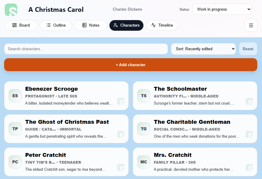 Scryla's character grid makes it easy to locate and edit your cast