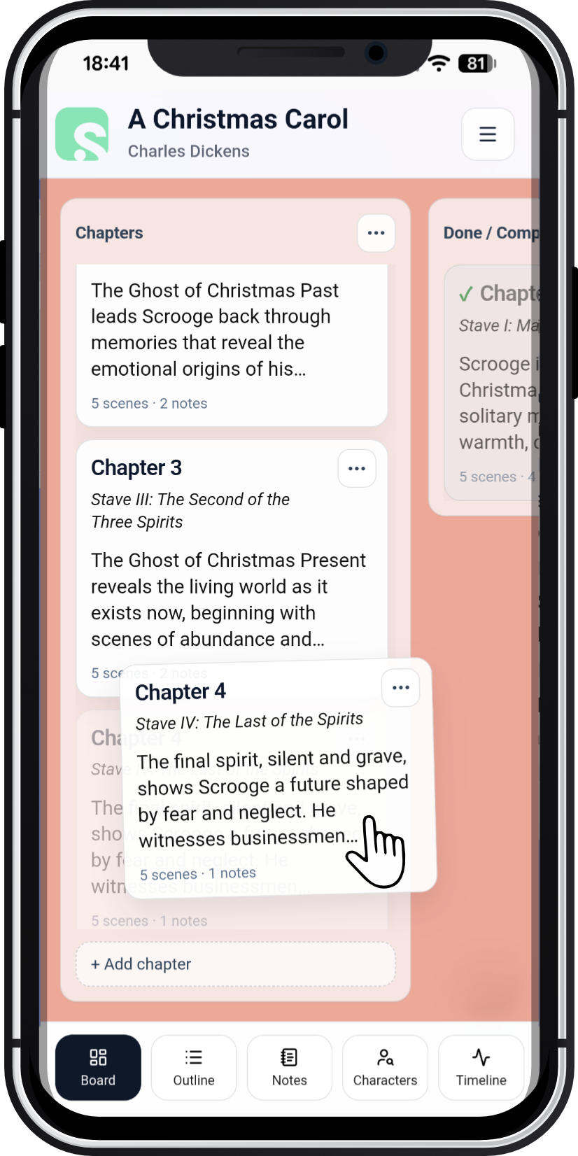 A phone screen showing the ability to drag and drop chapters