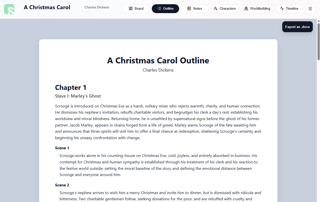 A screen showing Scryla's outline view, with chapter titles, subtitles, overviews, 
            and scene descriptions in a clean scrollable format