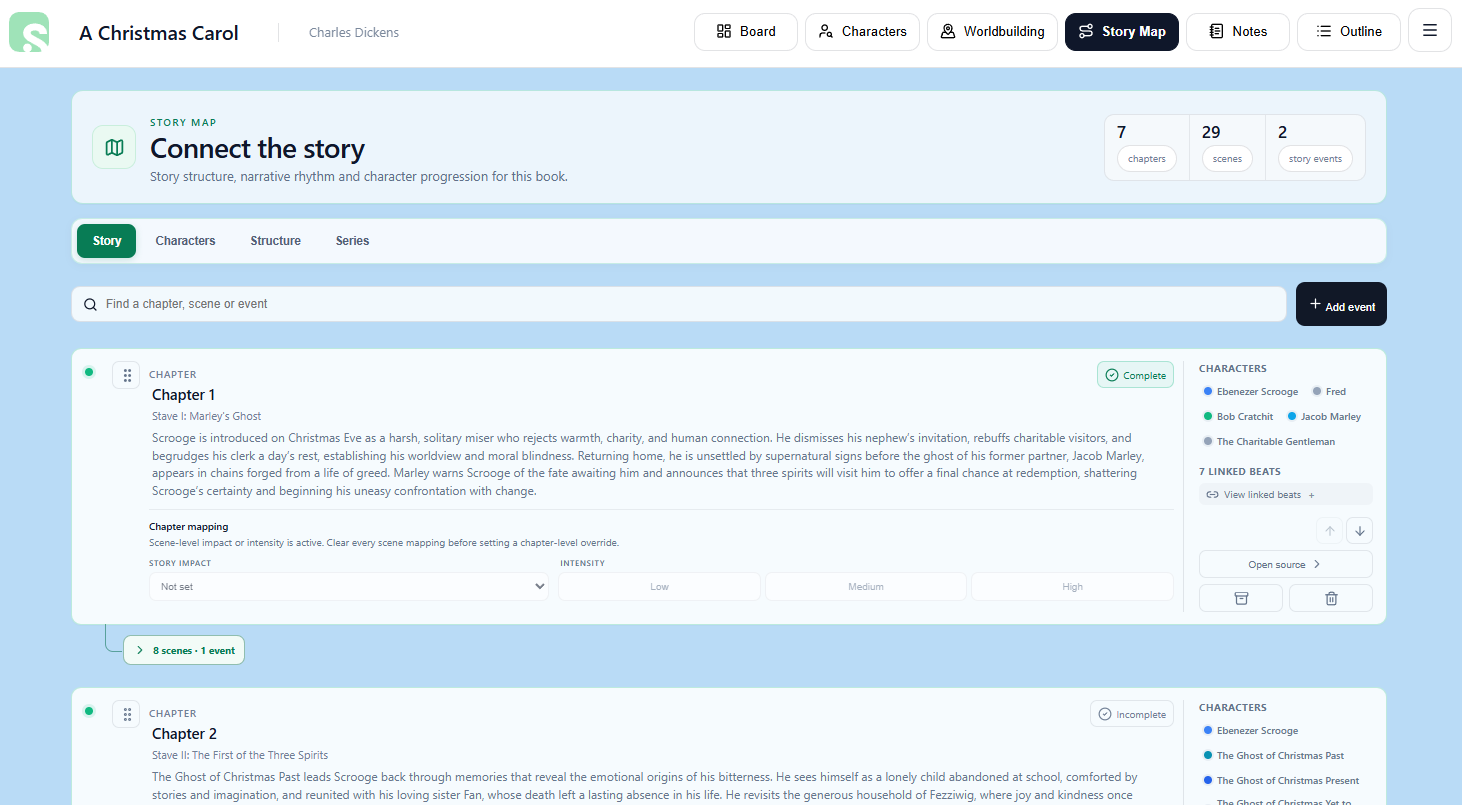 Scryla Story Map showing connected chapters, scenes, story events, and narrative signals