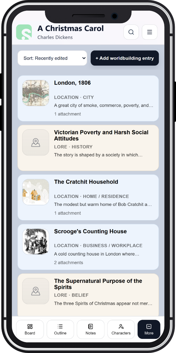 Scryla worldbuilding view on mobile